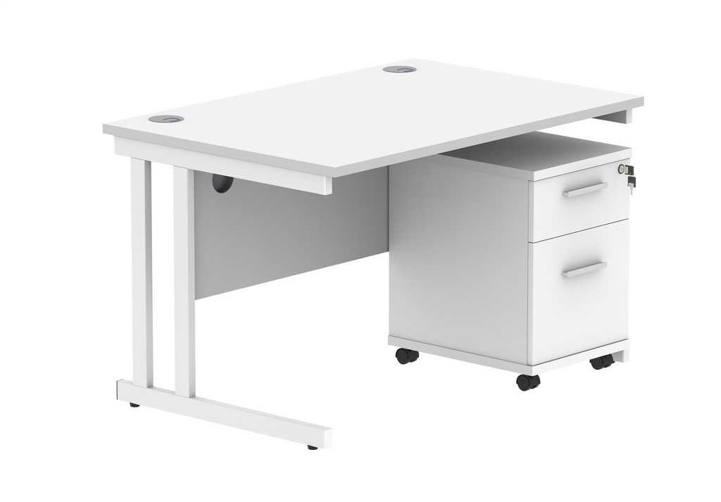Double Upright Rectangular Desk + 2 Drawer Mobile Under Desk Pedestal (FSC) | 1200X800 | Arctic White/White