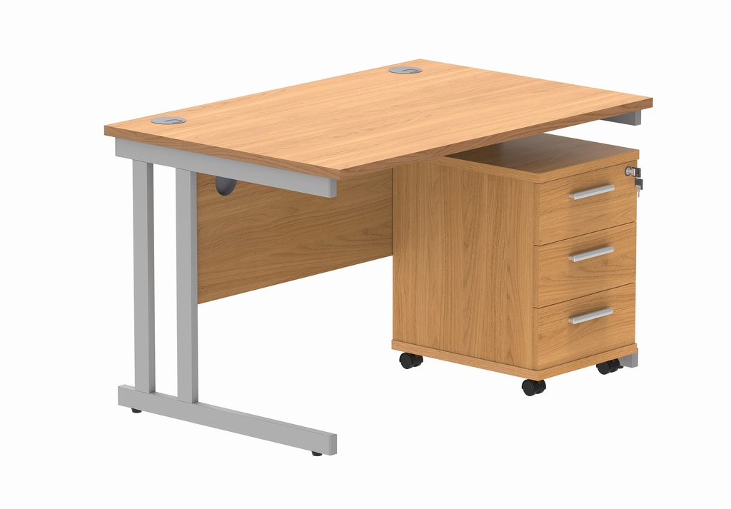 Double Upright Rectangular Desk + 3 Drawer Mobile Under Desk Pedestal (FSC) | 1200X800 | Norwegian Beech/Silver