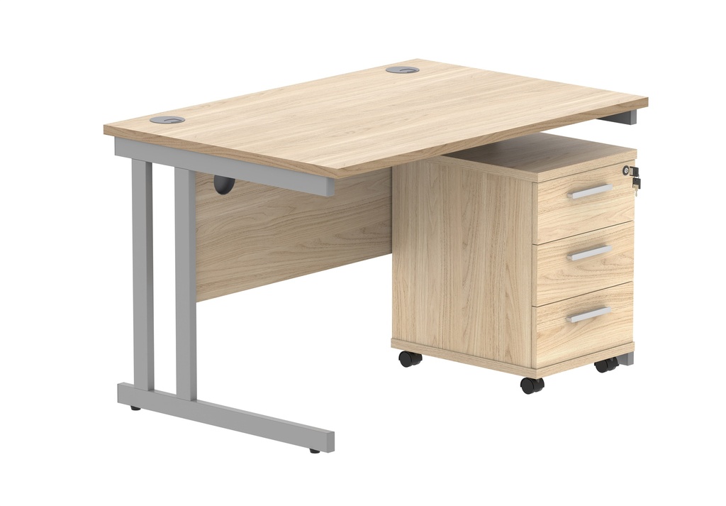 Double Upright Rectangular Desk + 3 Drawer Mobile Under Desk Pedestal (FSC) | 1200X800 | Canadian Oak/Silver
