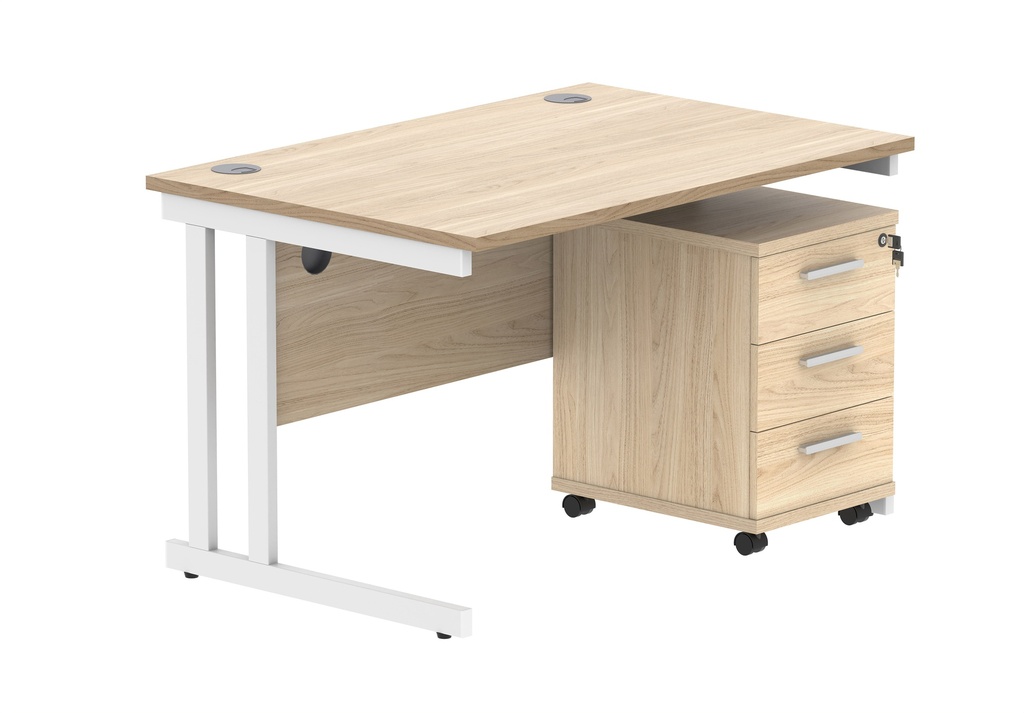Double Upright Rectangular Desk + 3 Drawer Mobile Under Desk Pedestal (FSC) | 1200X800 | Canadian Oak/White