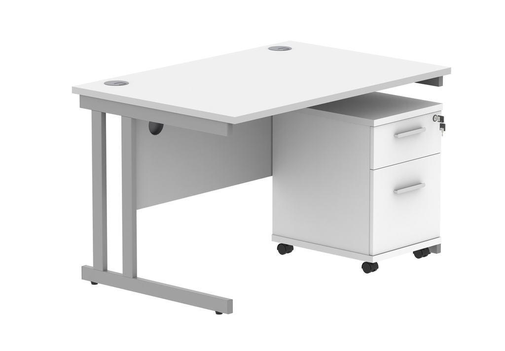 Double Upright Rectangular Desk + 3 Drawer Mobile Under Desk Pedestal (FSC) | 1200X800 | Arctic White/Silver