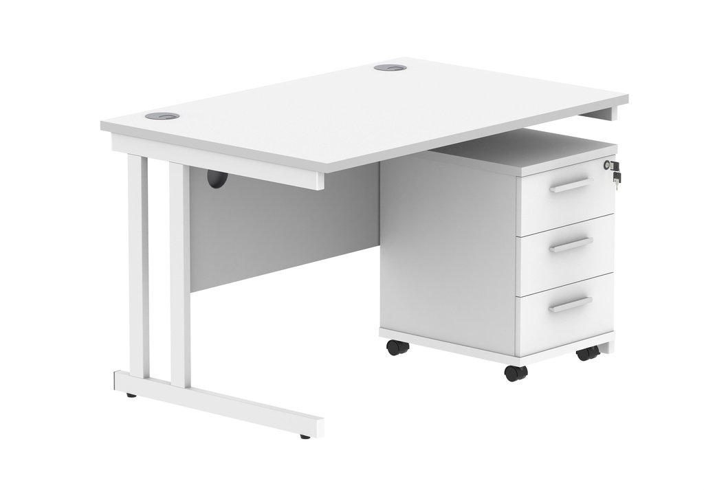 Double Upright Rectangular Desk + 3 Drawer Mobile Under Desk Pedestal (FSC) | 1200X800 | Arctic White/White