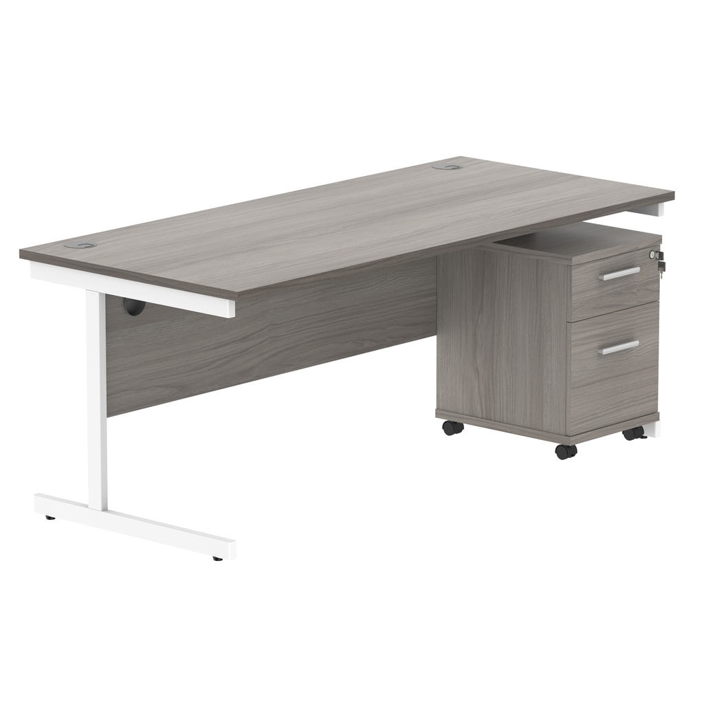 Single Upright Rectangular Desk + 2 Drawer Mobile Under Desk Pedestal (FSC) | 1800 X 800 | Alaskan Grey Oak/White