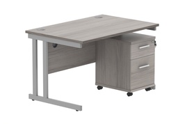 [COREBUNDU1280GOAKSV2] Double Upright Rectangular Desk + 2 Drawer Mobile Under Desk Pedestal (FSC) | 1200X800 | Alaskan Grey Oak/Silver