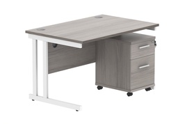 [COREBUNDU1280GOAKWH2] Double Upright Rectangular Desk + 2 Drawer Mobile Under Desk Pedestal (FSC) | 1200X800 | Alaskan Grey Oak/White