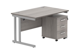 [COREBUNDU1280GOAKSV3] Double Upright Rectangular Desk + 3 Drawer Mobile Under Desk Pedestal (FSC) | 1200X800 | Alaskan Grey Oak/Silver