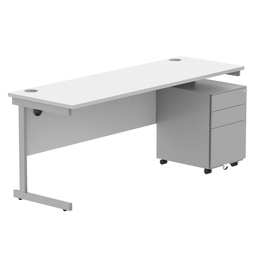 [COREBUNSU1860WHTSV+USMP3SV] CORE Single Upright Rectangular Desk + Under Desk Steel Pedestal 3 Drawers (FSC) | 1800 X 600 | Arctic White/Silver