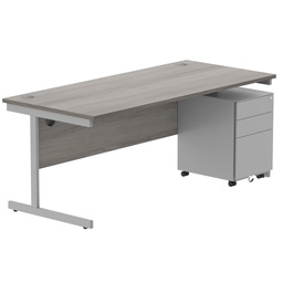 [COREBUNSU1880GOAKSV+USMP3SV] CORE Single Upright Rectangular Desk + Under Desk Steel Pedestal 3 Drawers (FSC) | 1800 X 800 | Alaskan Grey Oak/Silver